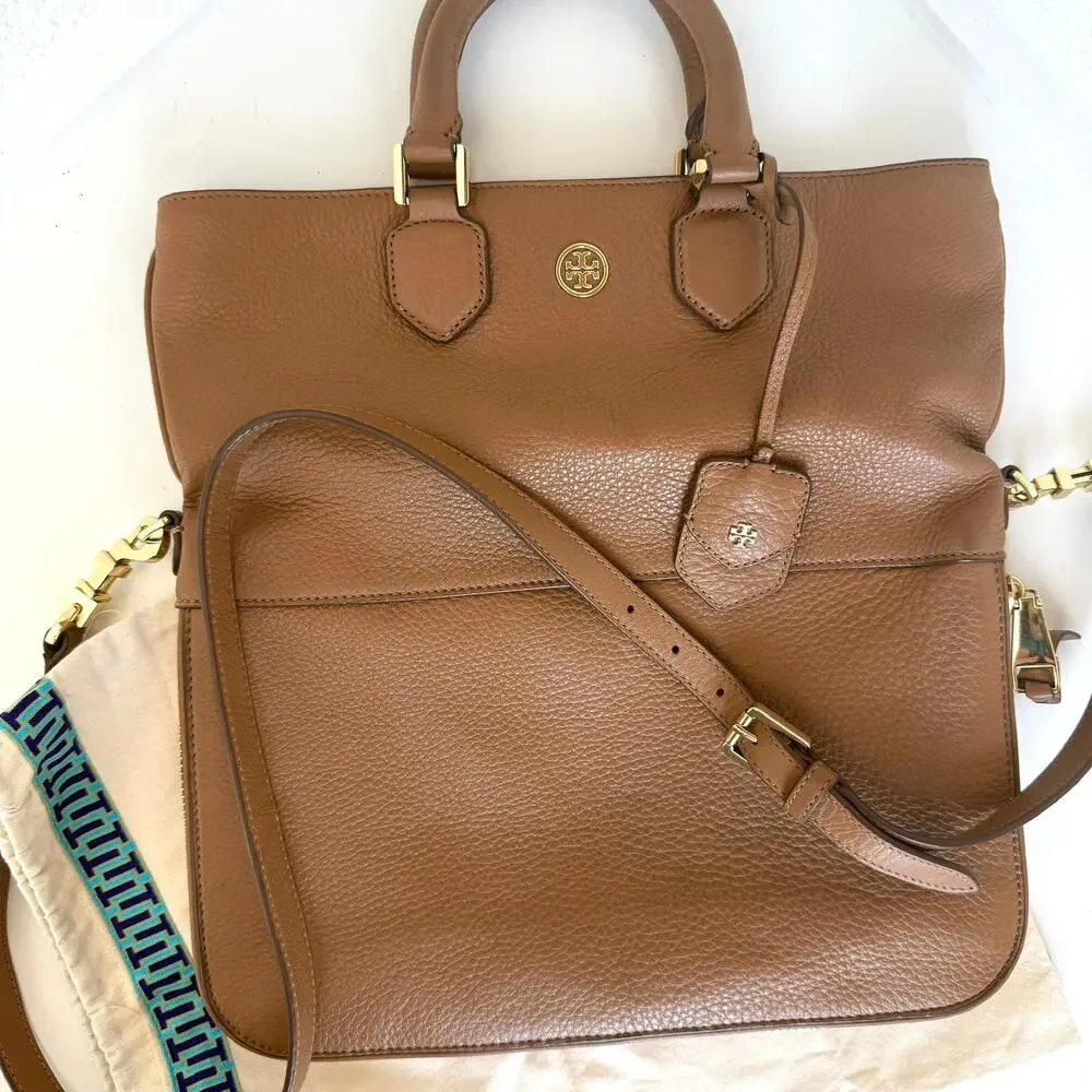 TORY BURCH Robinson Foldover Messenger Bag Brown Leather Crossbody Tote4 - Picture 2 of 13